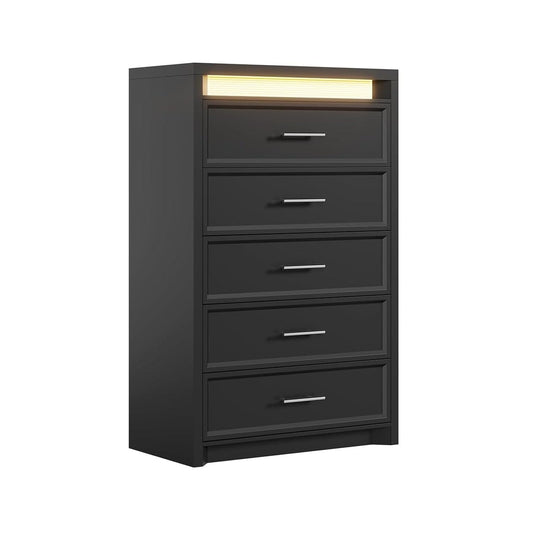 AOGLLATI Dresser Black / Engineered Wood / Modern Black Tall Dresser with Lightbox