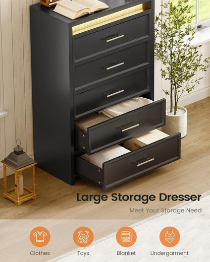 AOGLLATI Dresser Black / Engineered Wood / Modern Black Tall Dresser with Lightbox