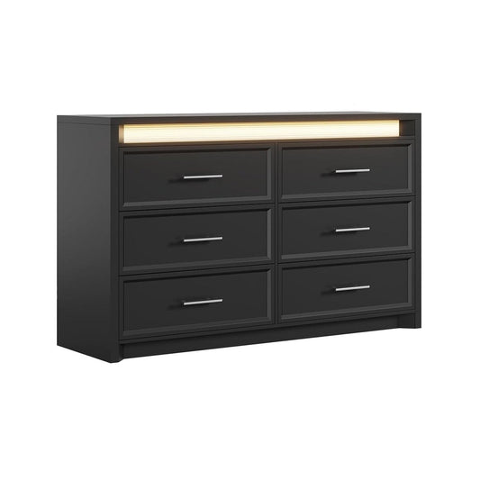 AOGLLATI Dresser Black / Engineered Wood / Modern Black Wide Dresser with Lightbox