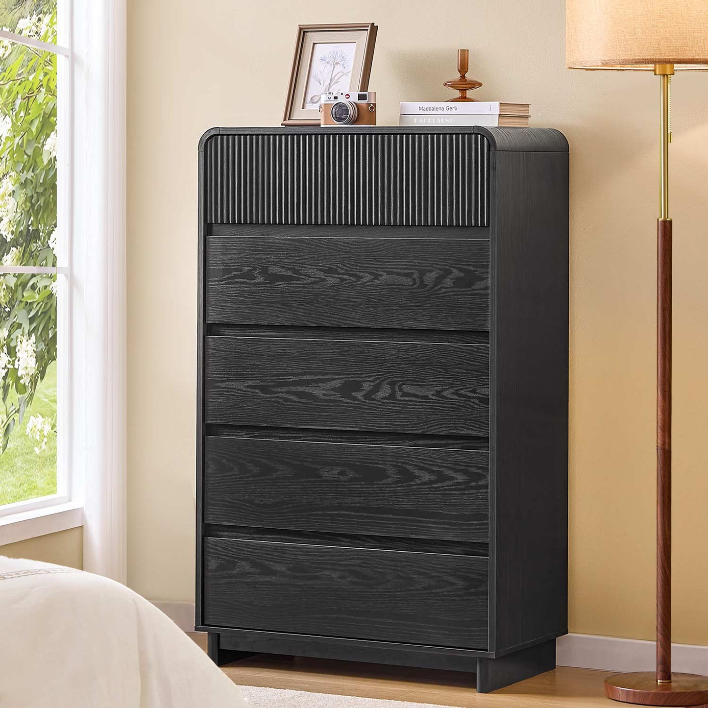AOGLLATI Dresser Black / Engineered Wood / Modern Mid Century Modern 5-Drawer Dresser Black