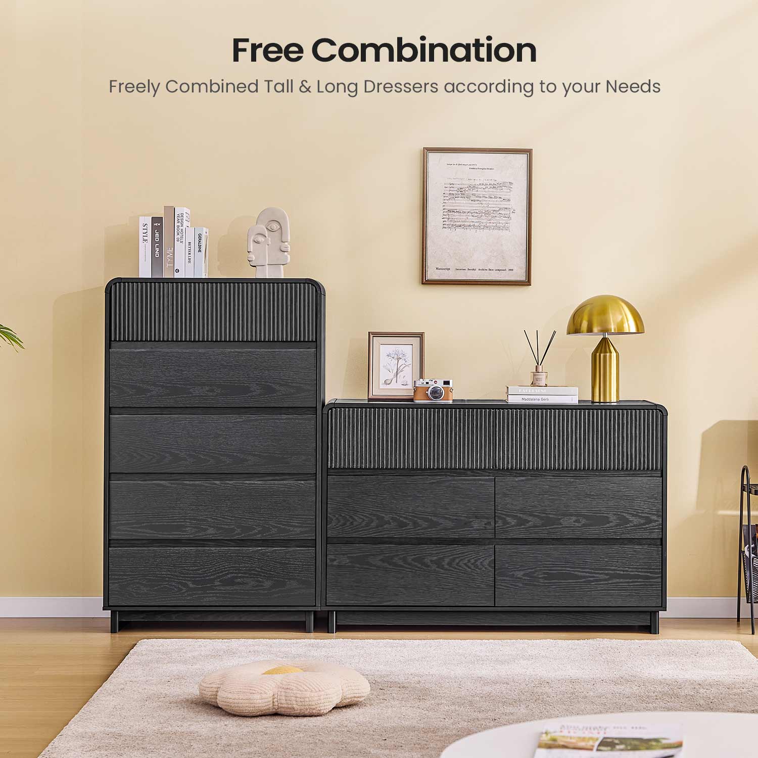 AOGLLATI Dresser Black / Engineered Wood / Modern Mid Century Modern 5-Drawer Dresser Black
