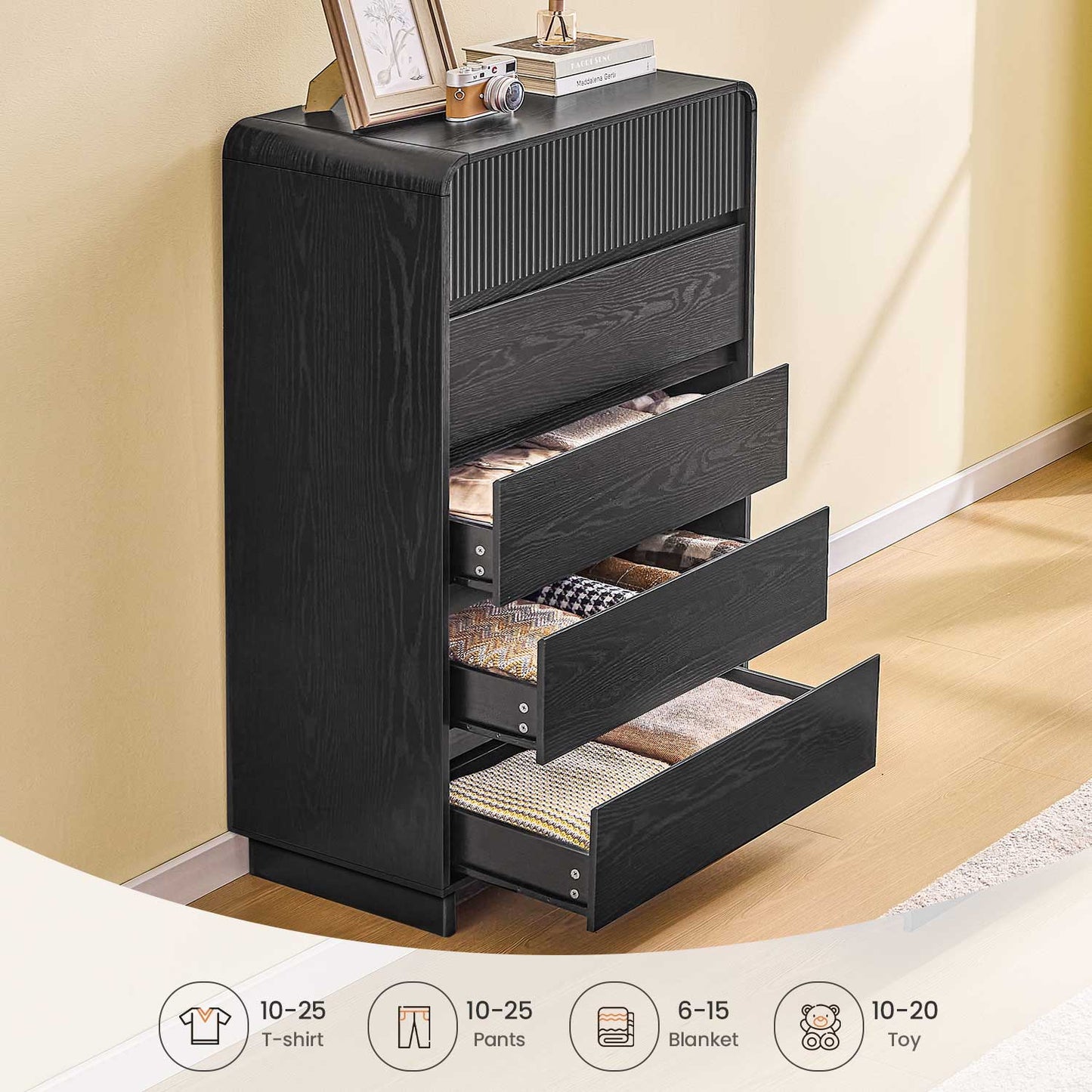 AOGLLATI Dresser Black / Engineered Wood / Modern Mid Century Modern 5-Drawer Dresser Black