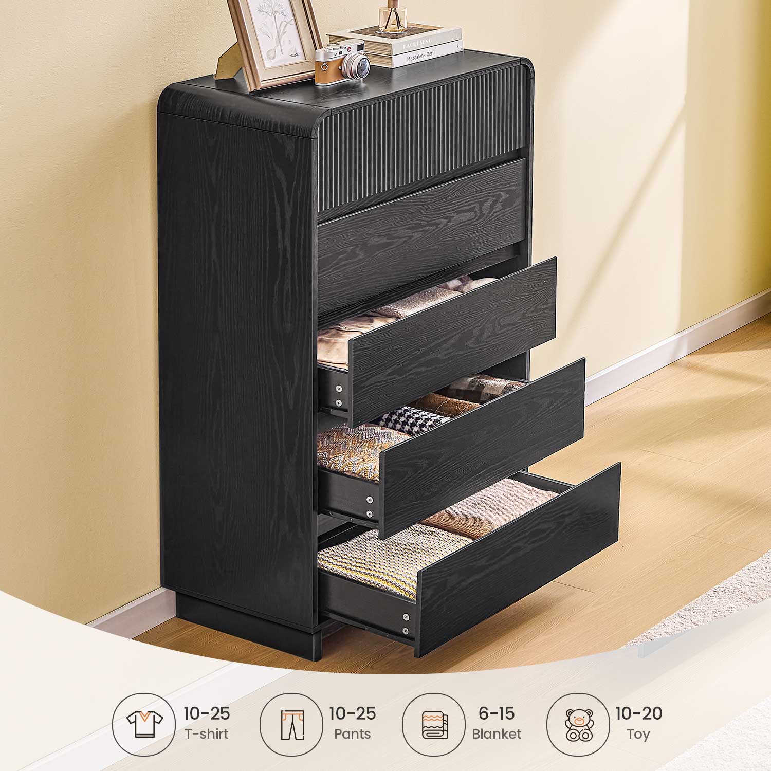 AOGLLATI Dresser Black / Engineered Wood / Modern Mid Century Modern 5-Drawer Dresser Black