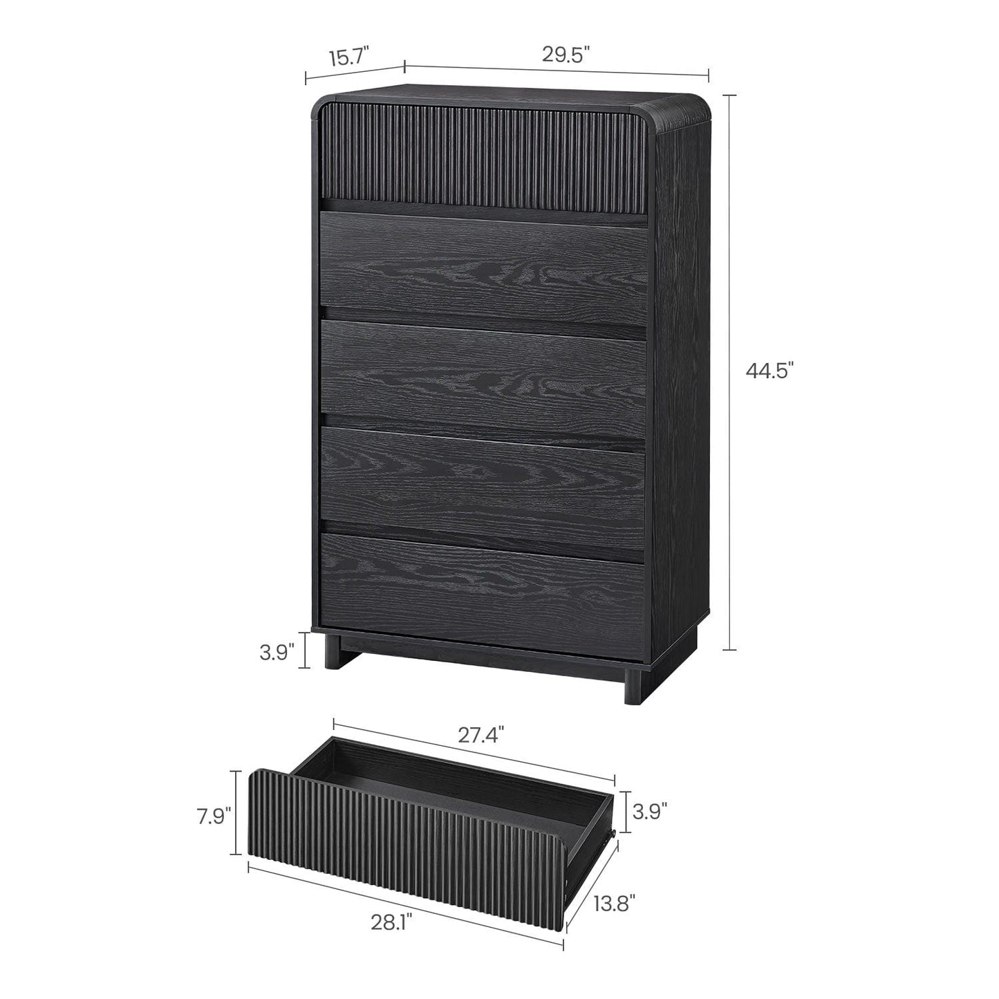 AOGLLATI Dresser Black / Engineered Wood / Modern Mid Century Modern 5-Drawer Dresser Black