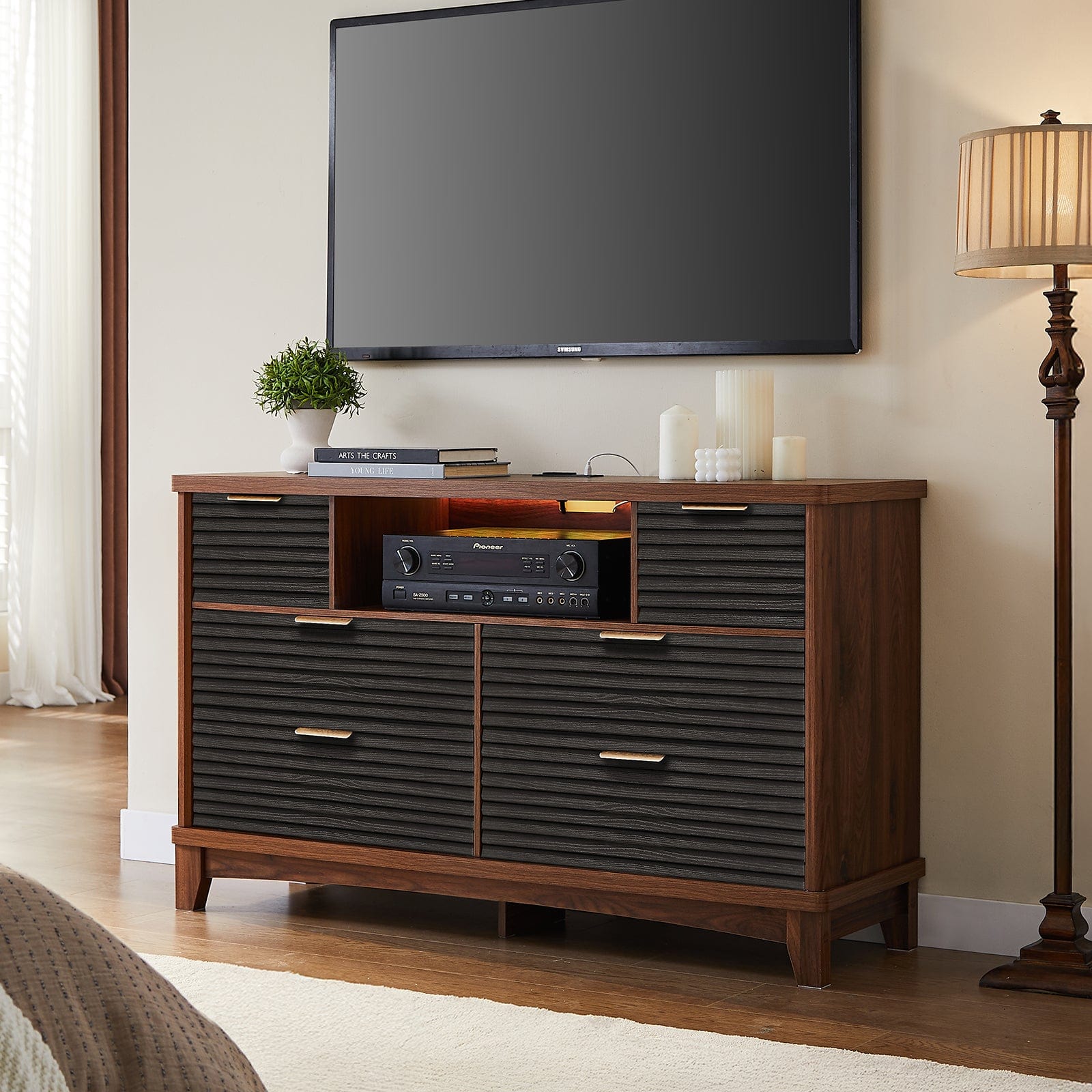 AOGLLATI Dresser Black / Engineered Wood / Retro Retro 6 Drawers Dresser Black