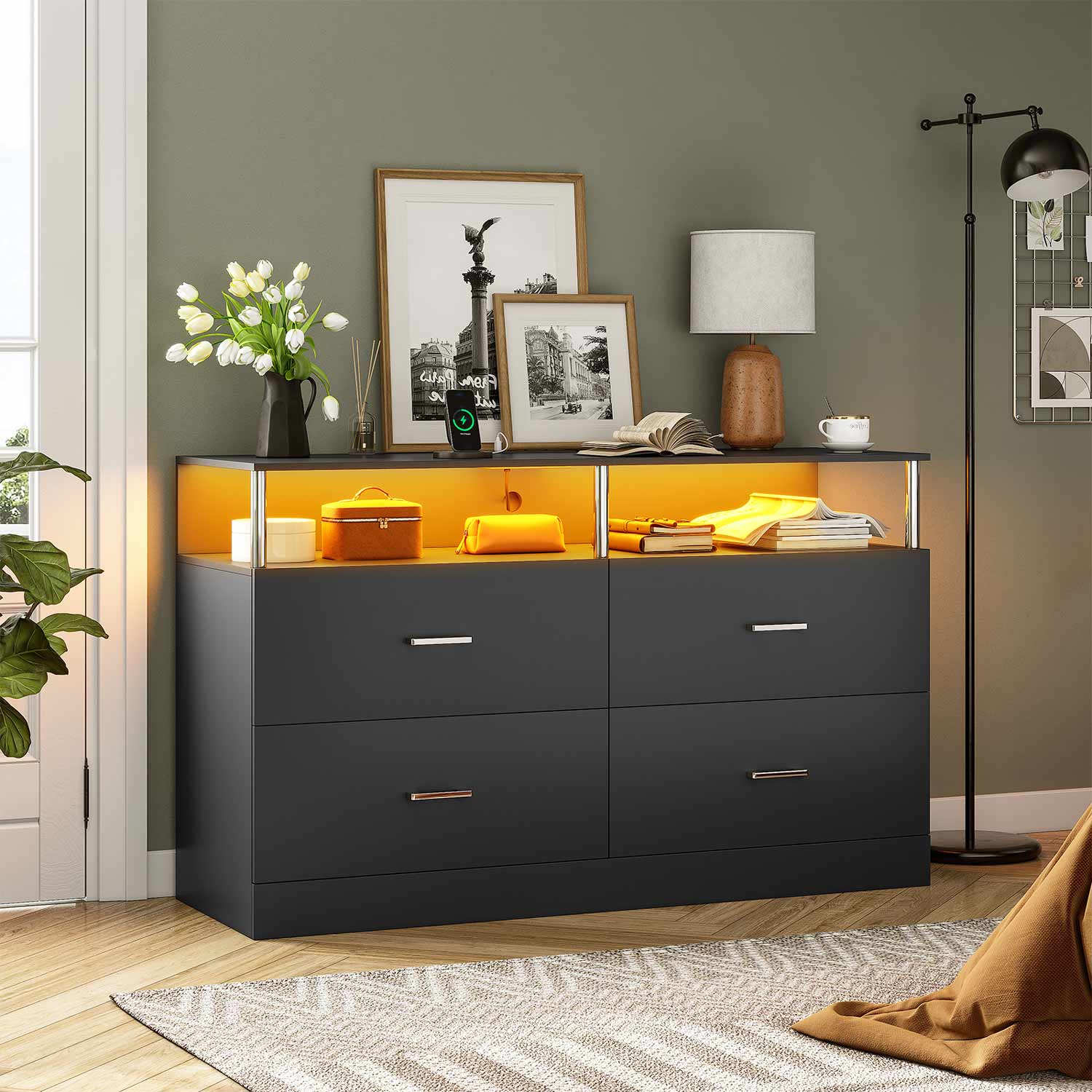 Modern 4-Drawer Long Dresser with RGB LED Lights Aogllati – AOGLLATI