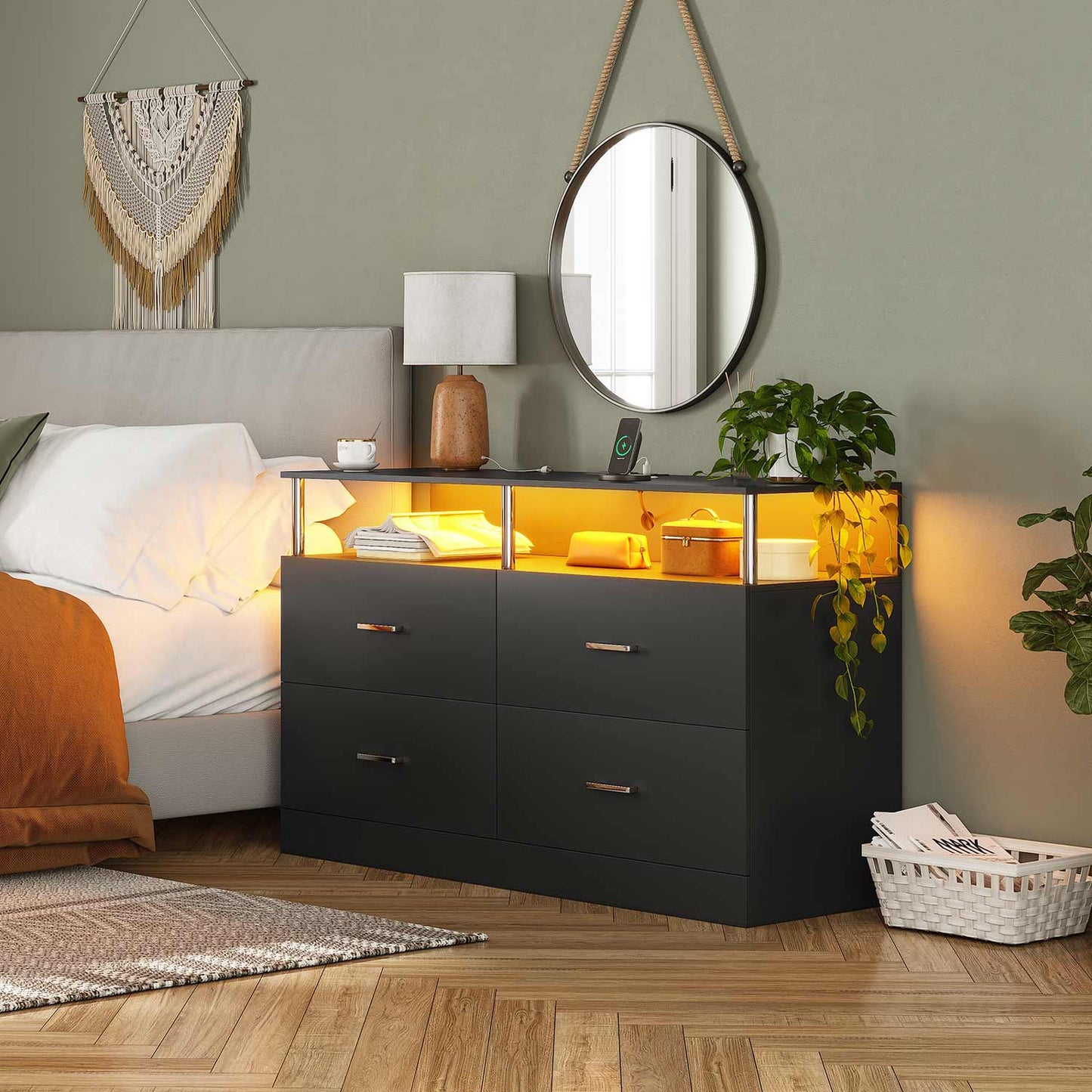 AOGLLATI Dresser Black / Modern AOGLLATI Black Dresser for Bedroom with 4 Drawers