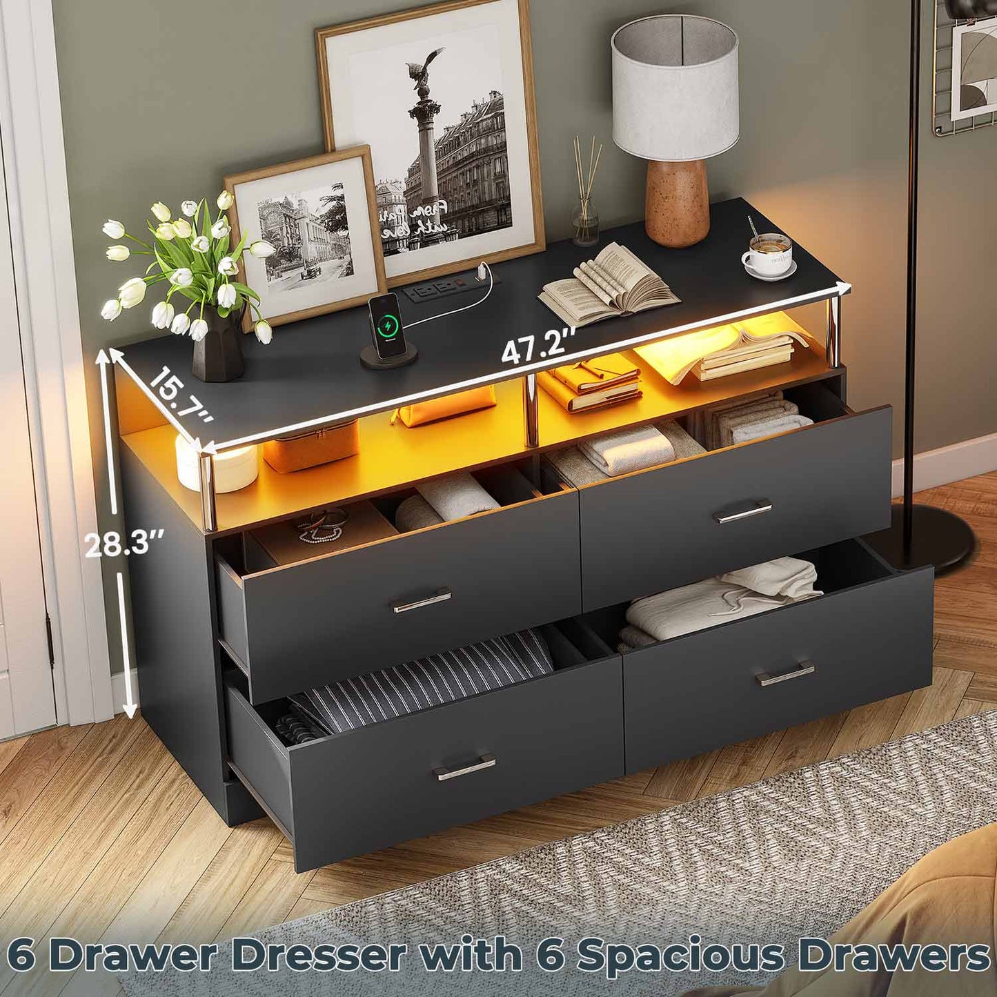 AOGLLATI Dresser Black / Modern AOGLLATI Black Dresser for Bedroom with 4 Drawers