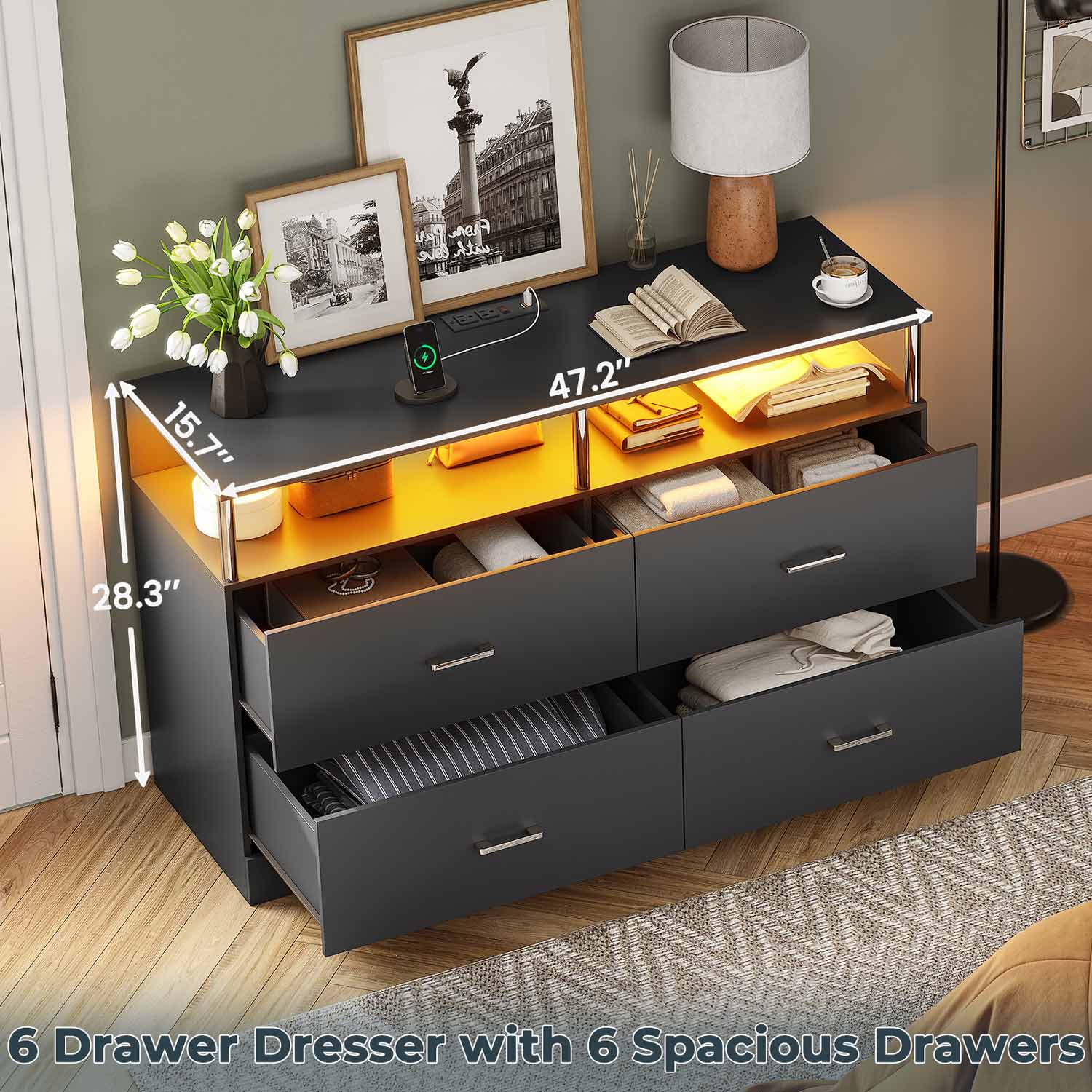 AOGLLATI Dresser Black / Modern AOGLLATI Black Dresser for Bedroom with 4 Drawers