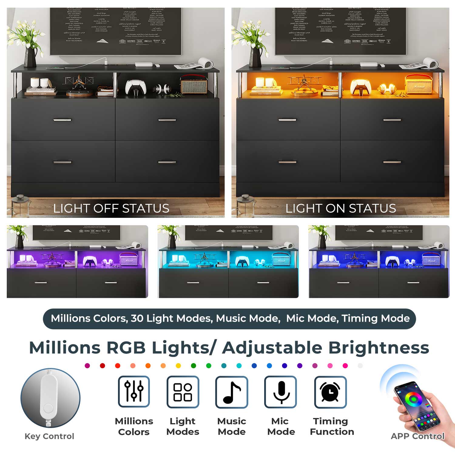 AOGLLATI Dresser Black / Modern AOGLLATI Black Dresser for Bedroom with 4 Drawers