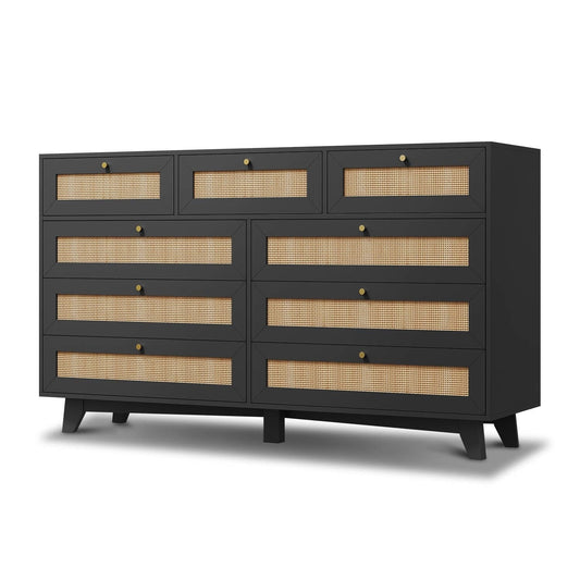AOGLLATI Dresser Black Rattan Dresser for Bedroom with 9 Drawer Black