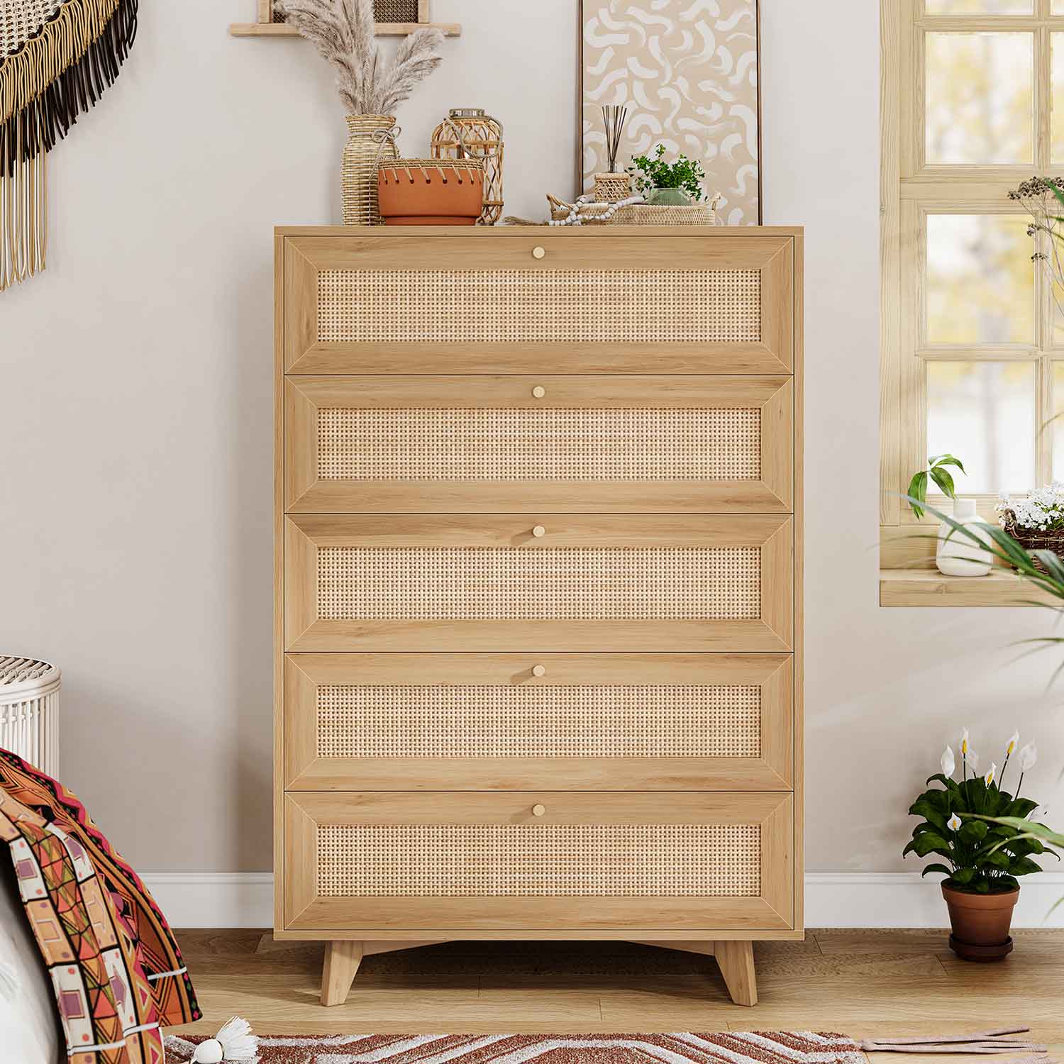AOGLLATI Dresser Natural / Engineered Wood / Bohemian AOGLLATI Rattan Dresser for Bedroom with 5 Drawer