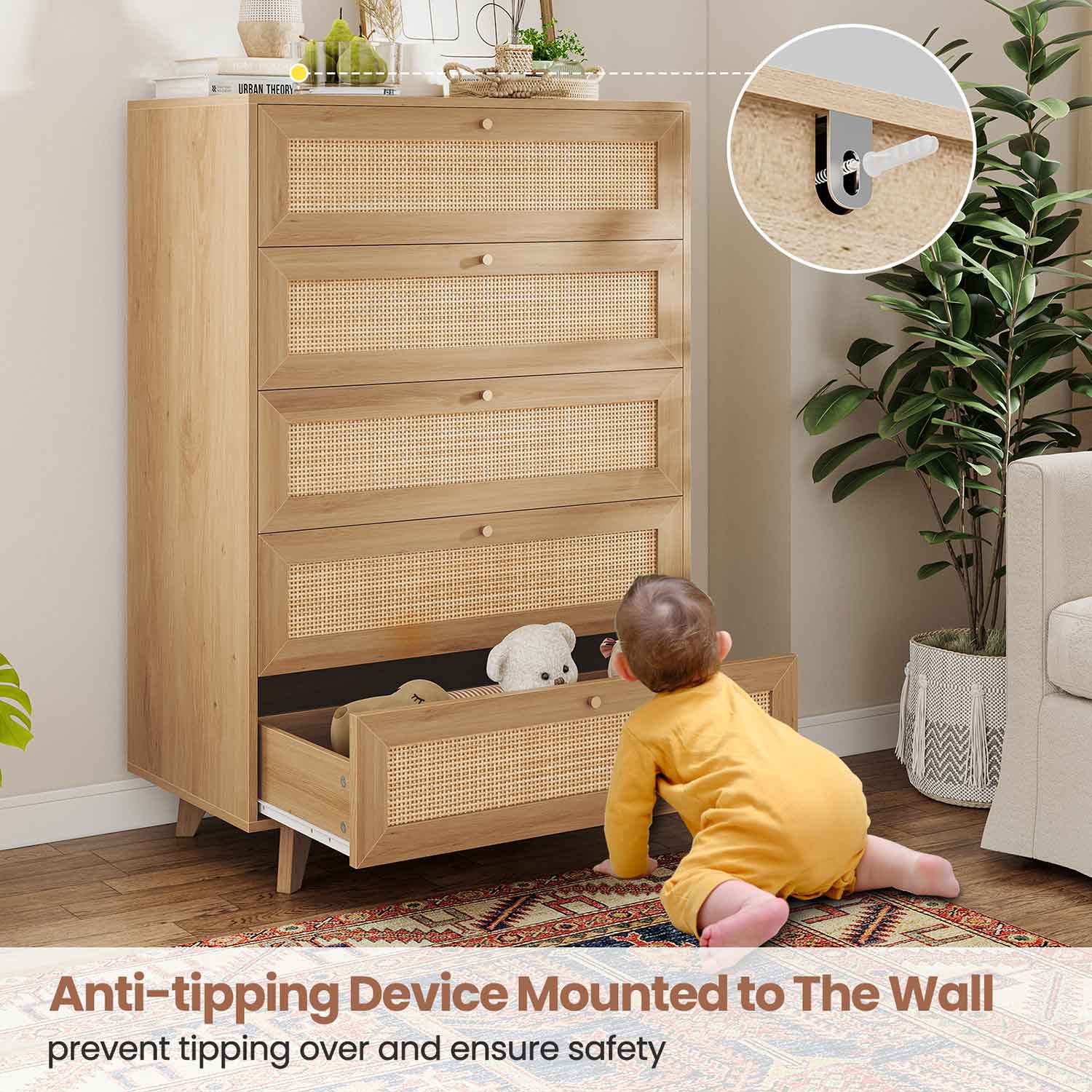AOGLLATI Dresser Natural / Engineered Wood / Bohemian AOGLLATI Rattan Dresser for Bedroom with 5 Drawer