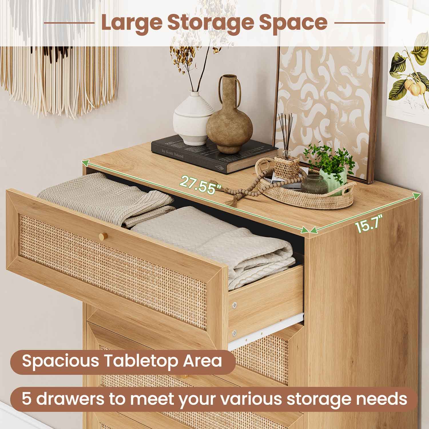 AOGLLATI Dresser Natural / Engineered Wood / Bohemian AOGLLATI Rattan Dresser for Bedroom with 5 Drawer