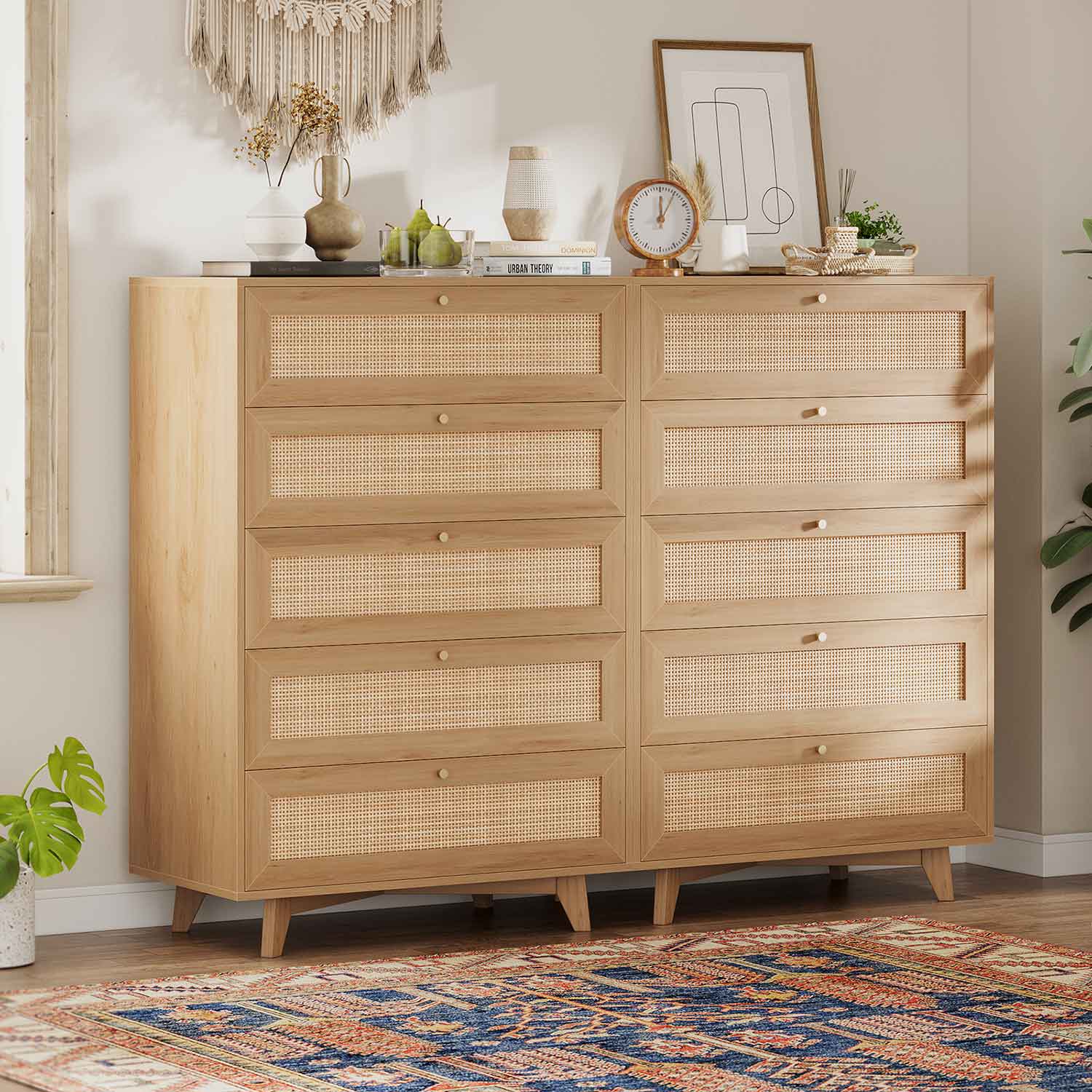 AOGLLATI Dresser Natural / Engineered Wood / Bohemian AOGLLATI Rattan Dresser for Bedroom with 5 Drawer