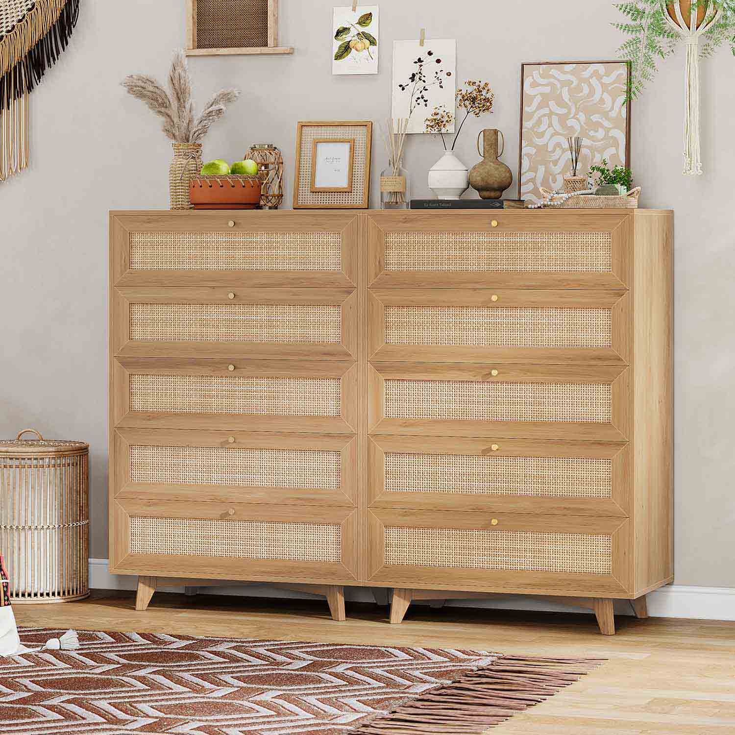 AOGLLATI Dresser Natural / Engineered Wood / Bohemian AOGLLATI Rattan Dresser for Bedroom with 5 Drawer