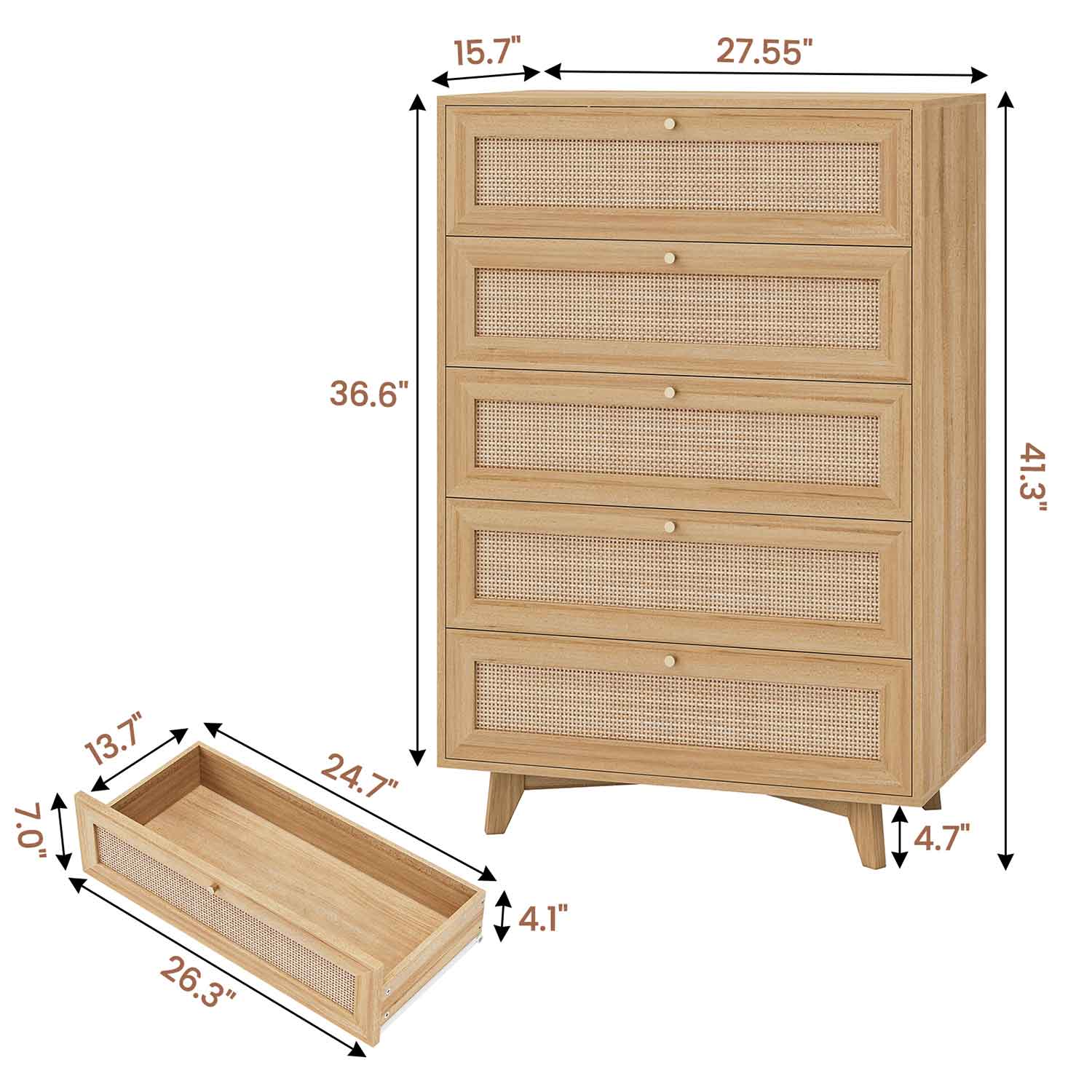 AOGLLATI Dresser Natural / Engineered Wood / Bohemian AOGLLATI Rattan Dresser for Bedroom with 5 Drawer