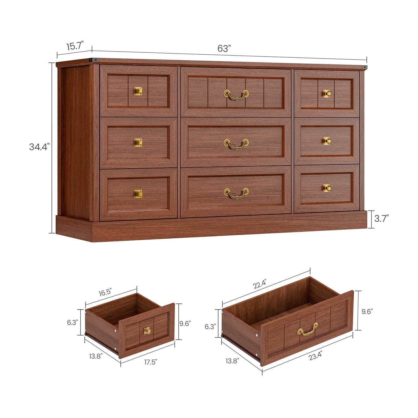 AOGLLATI Dresser Oak Brown / Engineered Wood / Modern Farmhouse 9 Drawers Dresser for Bedroom Oak Brown