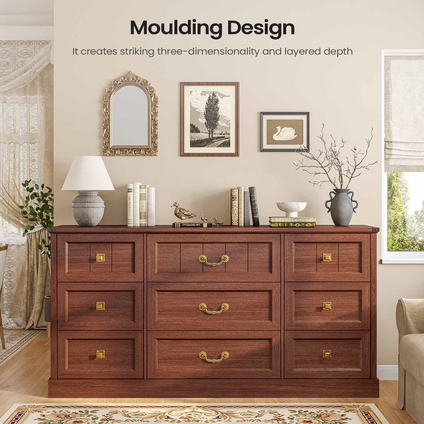 AOGLLATI Dresser Oak Brown / Engineered Wood / Modern Farmhouse 9 Drawers Dresser for Bedroom Oak Brown