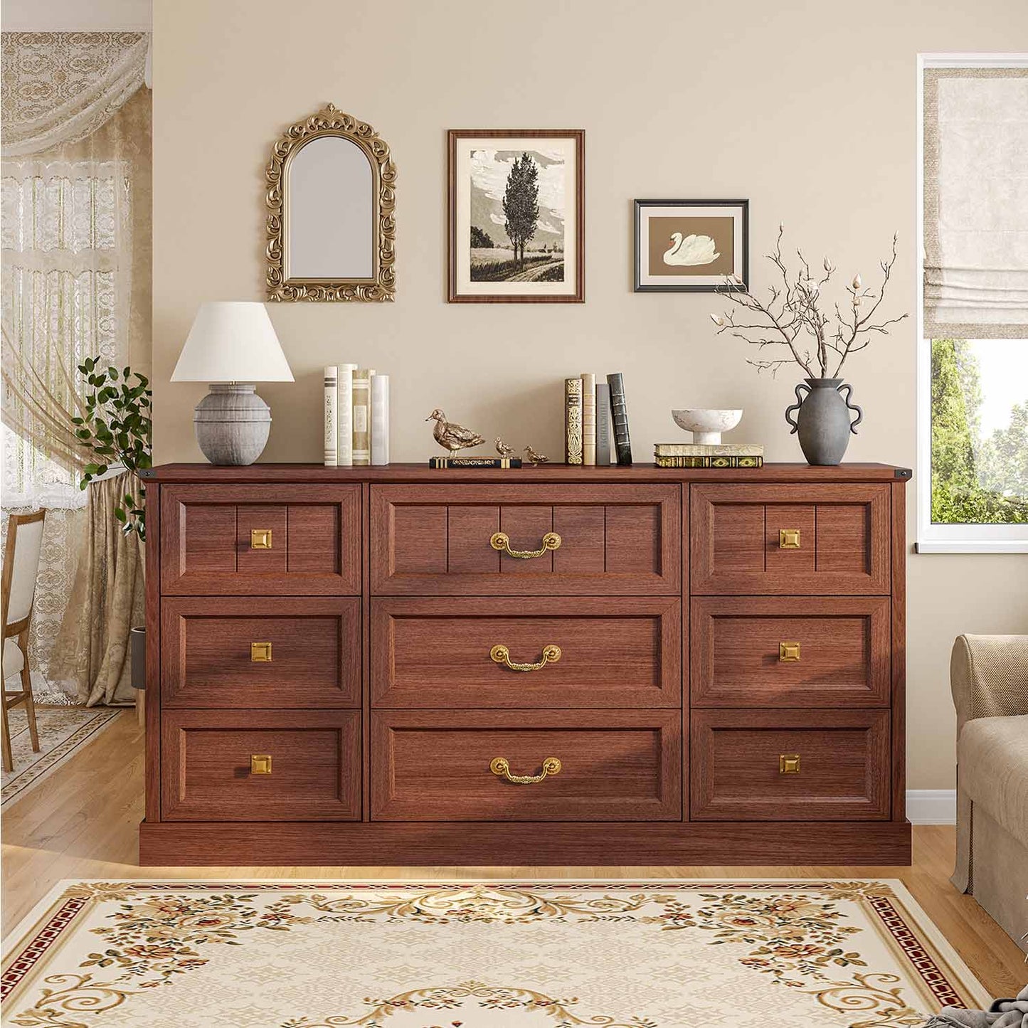 AOGLLATI Dresser Oak Brown / Engineered Wood / Modern Farmhouse 9 Drawers Dresser for Bedroom Oak Brown