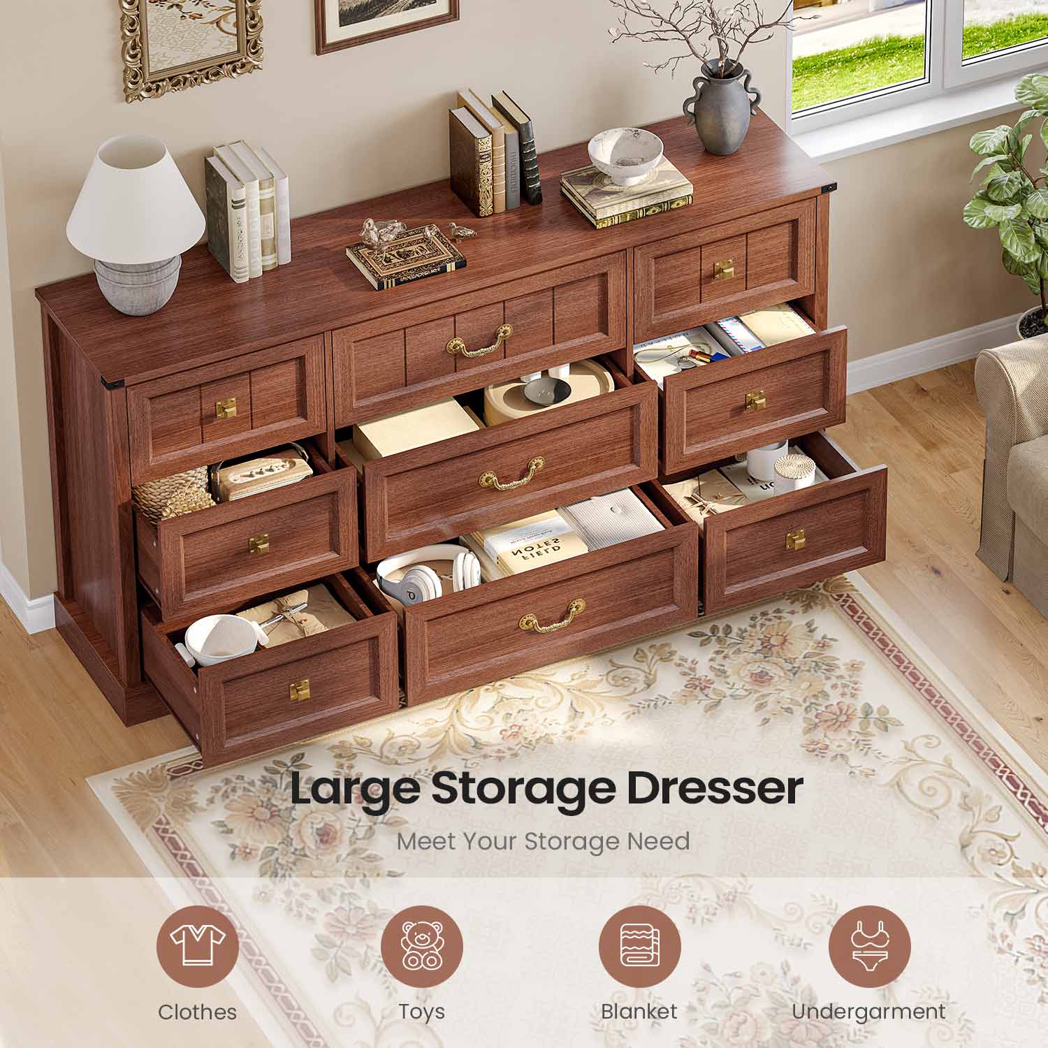 AOGLLATI Dresser Oak Brown / Engineered Wood / Modern Farmhouse 9 Drawers Dresser for Bedroom Oak Brown