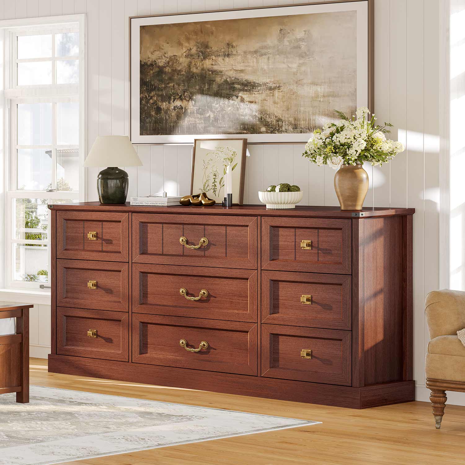 AOGLLATI Dresser Oak Brown / Engineered Wood / Modern Farmhouse 9 Drawers Dresser for Bedroom Oak Brown