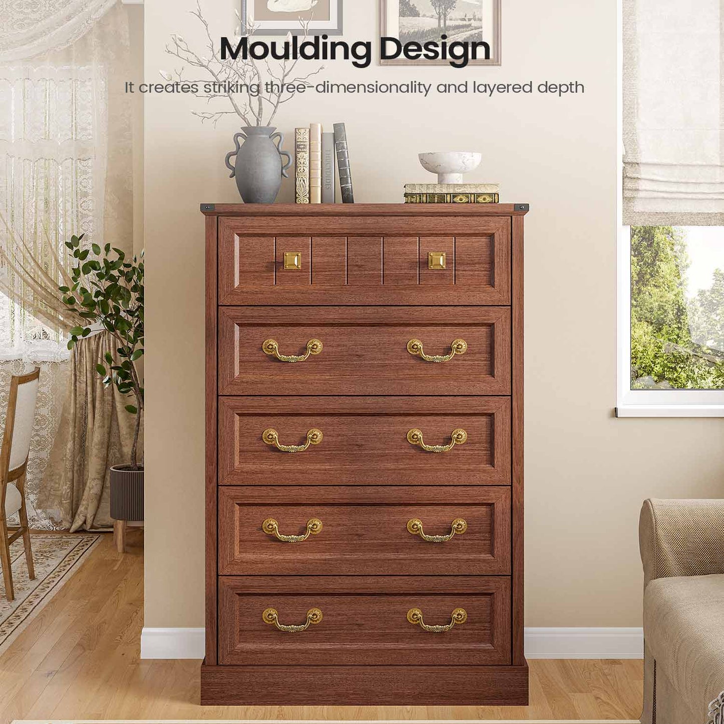 AOGLLATI Dresser Oak Brown / Engineered Wood / Modern Farmhouse Tall 5 Drawers Dresser for Bedroom Antique Oak Brown