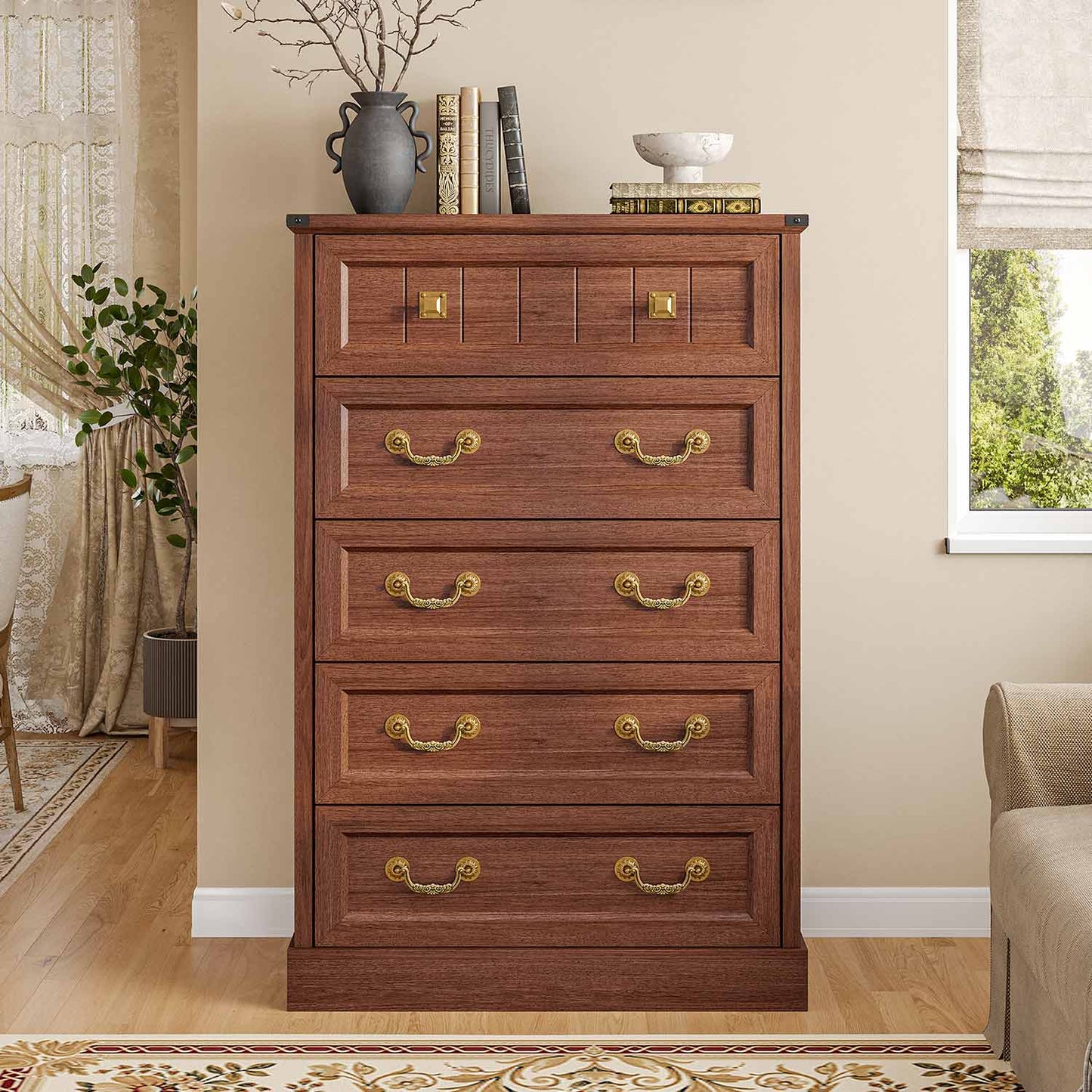 AOGLLATI Dresser Oak Brown / Engineered Wood / Modern Farmhouse Tall 5 Drawers Dresser for Bedroom Antique Oak Brown