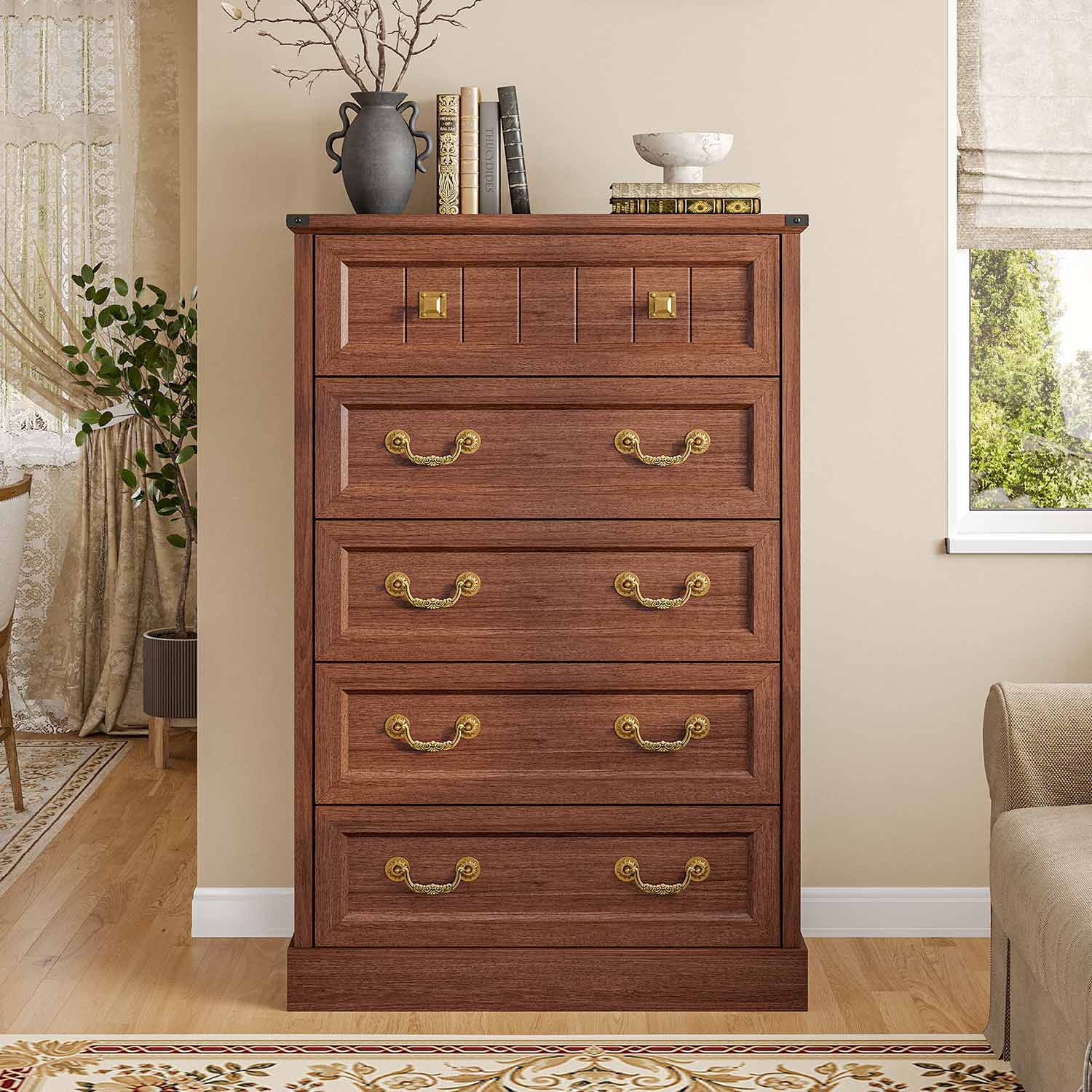 AOGLLATI Dresser Oak Brown / Engineered Wood / Modern Farmhouse Tall 5 Drawers Dresser for Bedroom Antique Oak Brown
