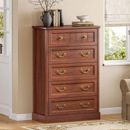 AOGLLATI Dresser Oak Brown / Engineered Wood / Modern Farmhouse Tall 5 Drawers Dresser for Bedroom Antique Oak Brown