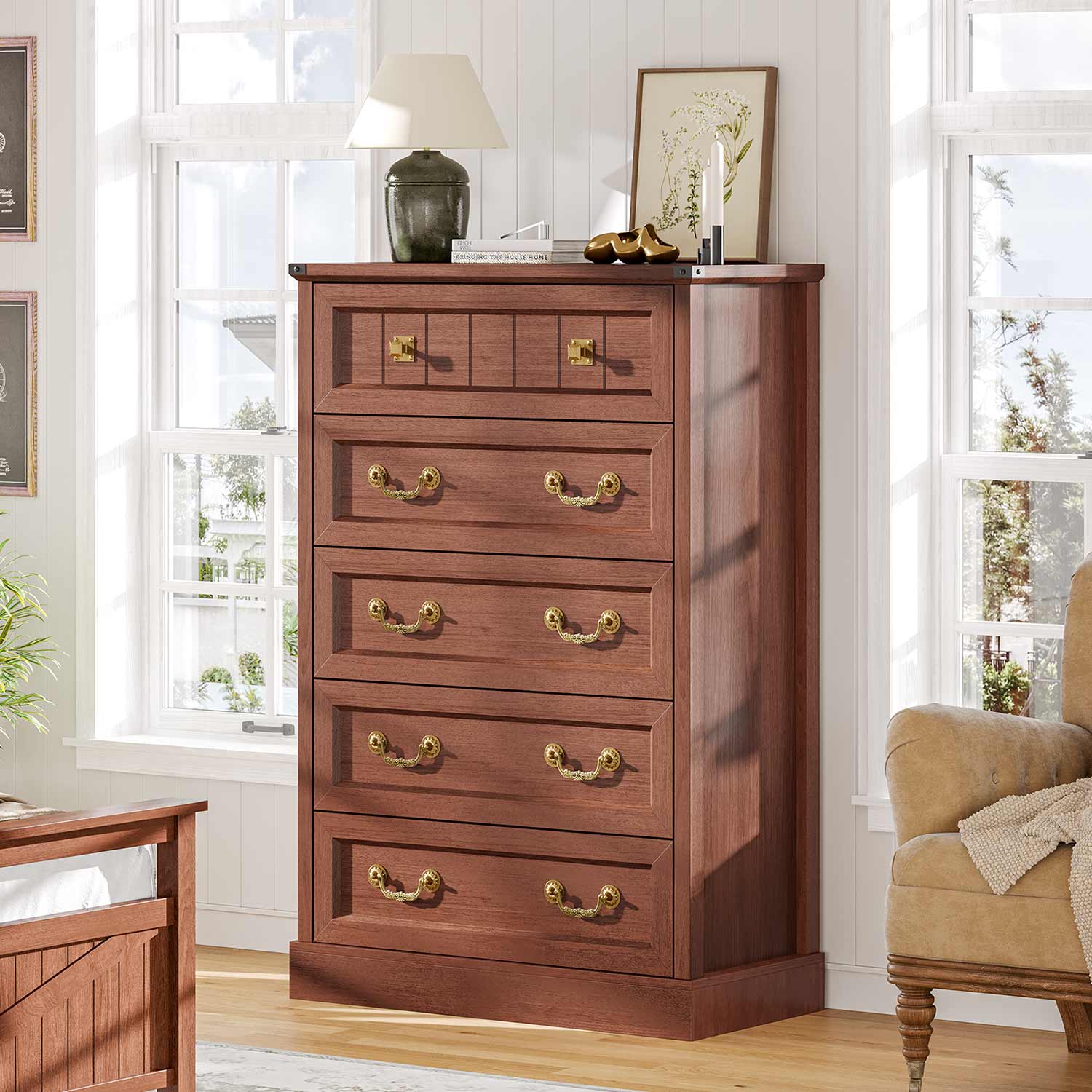 AOGLLATI Dresser Oak Brown / Engineered Wood / Modern Farmhouse Tall 5 Drawers Dresser for Bedroom Antique Oak Brown