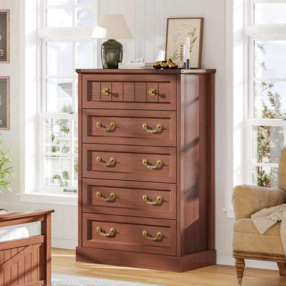 AOGLLATI Dresser Oak Brown / Engineered Wood / Modern Farmhouse Tall 5 Drawers Dresser for Bedroom Antique Oak Brown