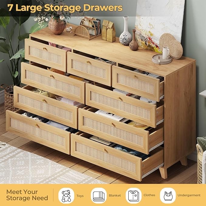 AOGLLATI Dresser Rattan / Engineered Wood / Bohemian Rattan 9 Drawer Dresser Wood