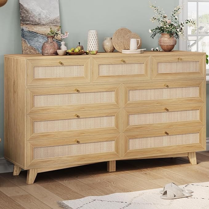 AOGLLATI Dresser Rattan / Engineered Wood / Bohemian Rattan 9 Drawer Dresser Wood