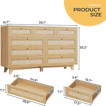 AOGLLATI Dresser Rattan / Engineered Wood / Bohemian Rattan 9 Drawer Dresser Wood