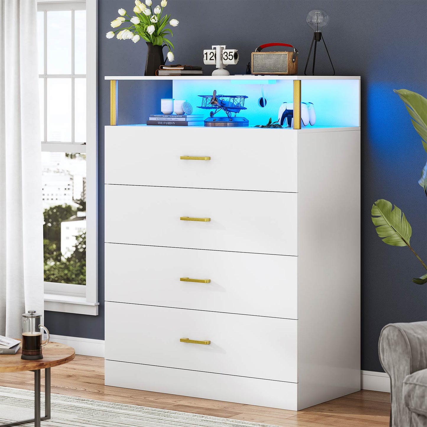 AOGLLATI Dresser White / Engineered Wood / Modern AOGLLATI Dresser for Bedroom with Column Design White