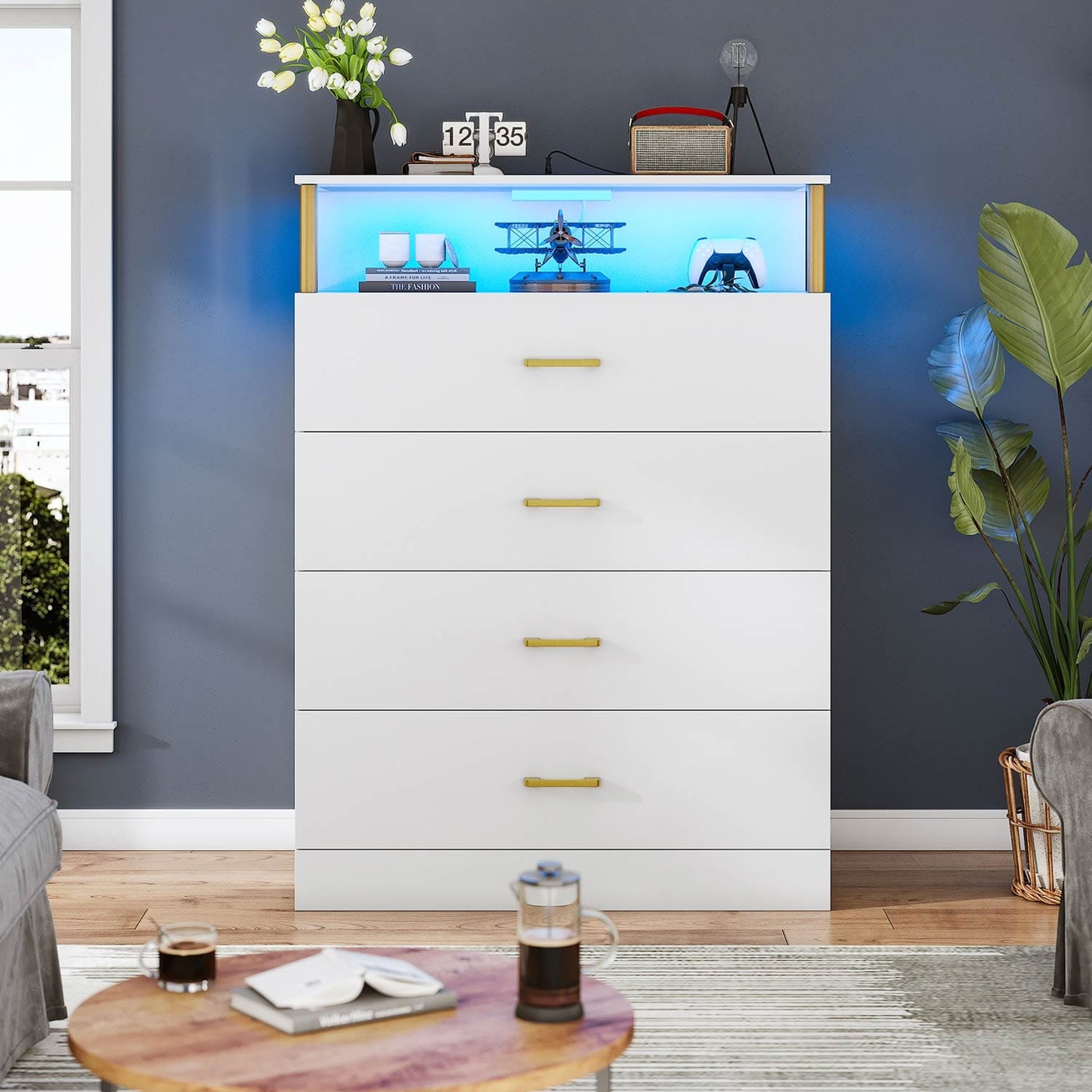 AOGLLATI Dresser White / Engineered Wood / Modern AOGLLATI Dresser for Bedroom with Column Design White