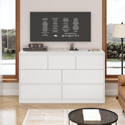 AOGLLATI Dresser White / Engineered Wood / Modern AOGLLATI Modern Wooden White Dresser with 7 Drawers and Charging Station