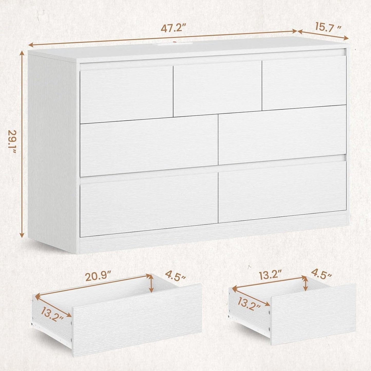 AOGLLATI Dresser White / Engineered Wood / Modern AOGLLATI Modern Wooden White Dresser with 7 Drawers and Charging Station