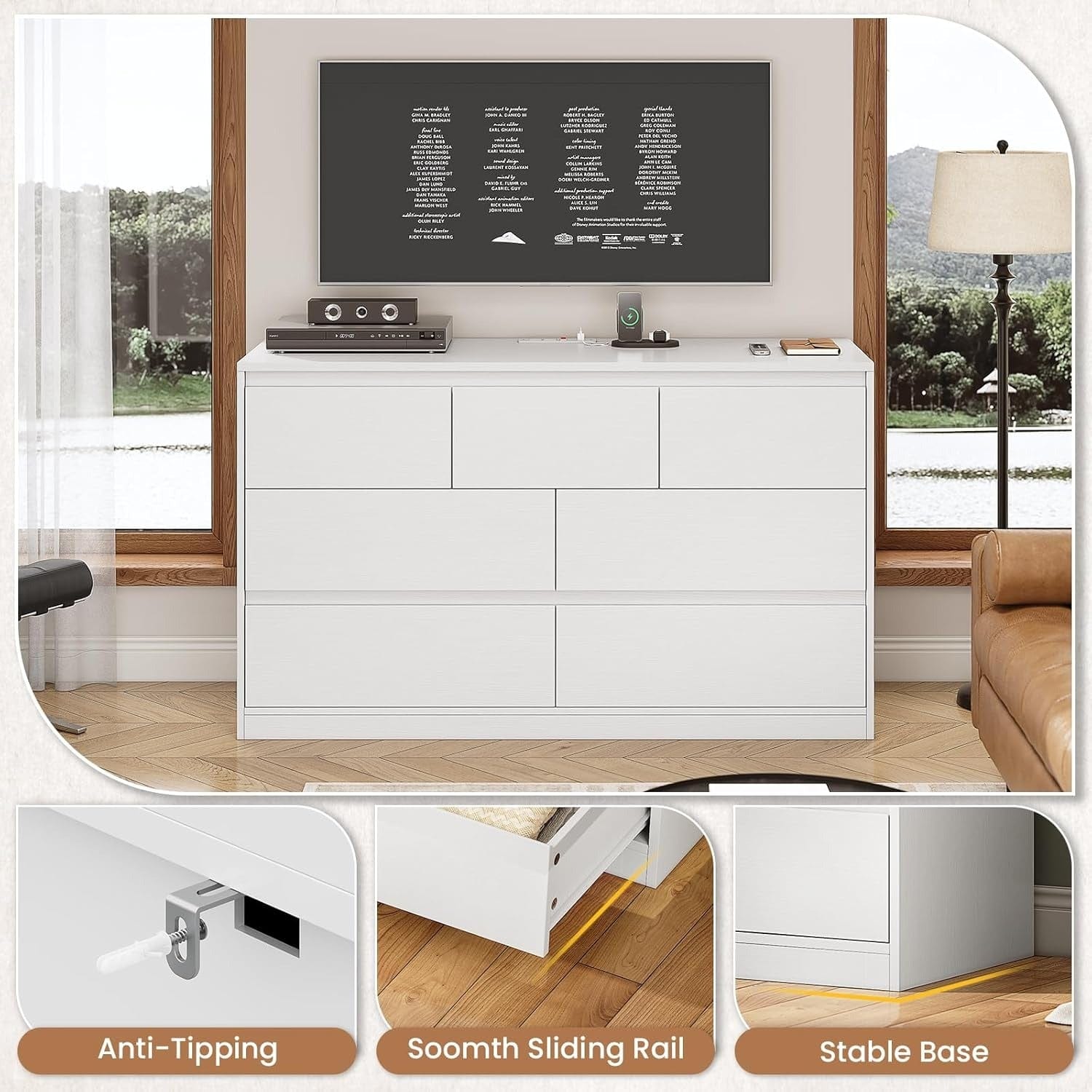 AOGLLATI Dresser White / Engineered Wood / Modern AOGLLATI Modern Wooden White Dresser with 7 Drawers and Charging Station