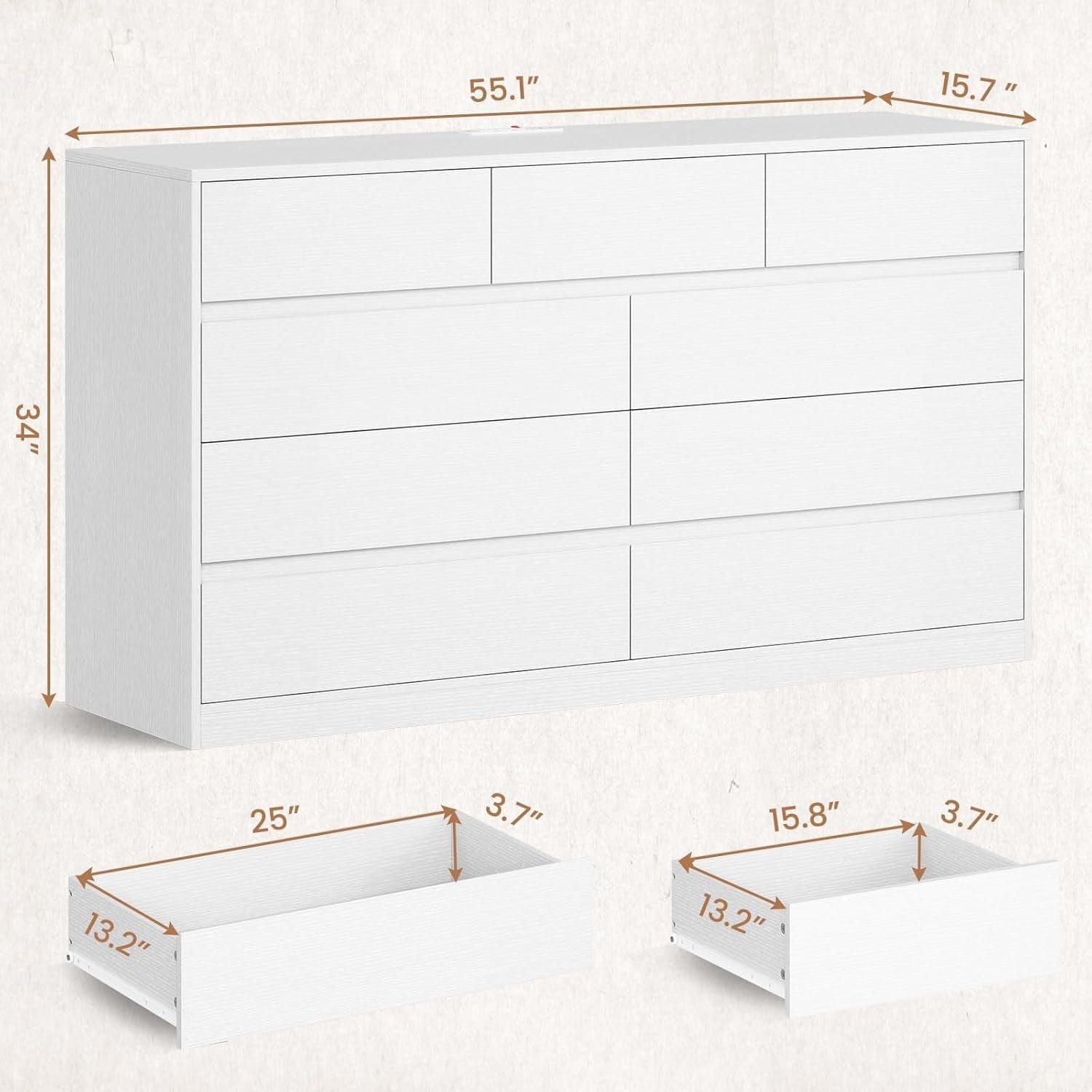 AOGLLATI Dresser White / Engineered Wood / Modern AOGLLATI Modern Wooden White Dresser with 9 Drawers and Charging Station