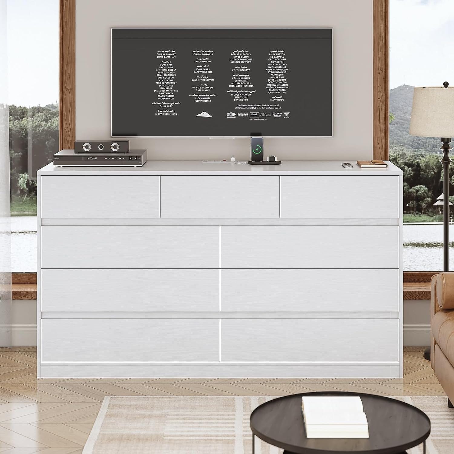 AOGLLATI Dresser White / Engineered Wood / Modern AOGLLATI Modern Wooden White Dresser with 9 Drawers and Charging Station