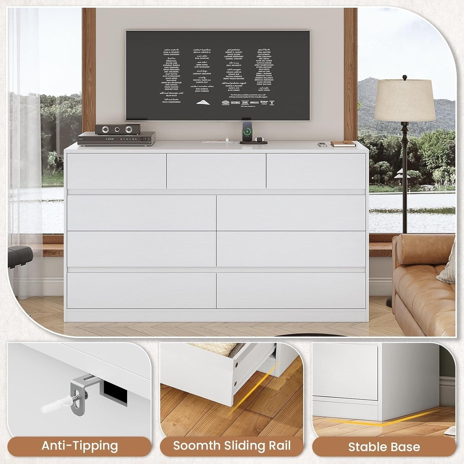AOGLLATI Dresser White / Engineered Wood / Modern AOGLLATI Modern Wooden White Dresser with 9 Drawers and Charging Station