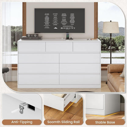AOGLLATI Dresser White / Engineered Wood / Modern AOGLLATI Modern Wooden White Dresser with 9 Drawers and Charging Station
