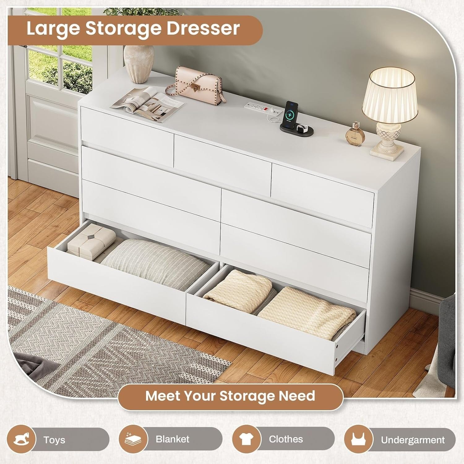 AOGLLATI Dresser White / Engineered Wood / Modern AOGLLATI Modern Wooden White Dresser with 9 Drawers and Charging Station