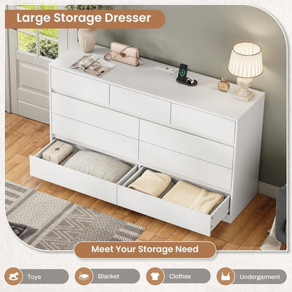 AOGLLATI Dresser White / Engineered Wood / Modern AOGLLATI Modern Wooden White Dresser with 9 Drawers and Charging Station