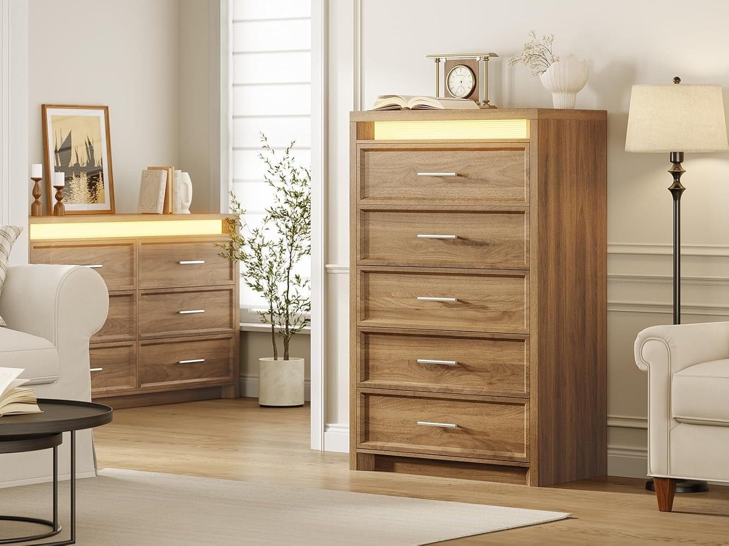 AOGLLATI Dresser Wood / Engineered Wood / Modern Wood Tall Dresser with Lightbox