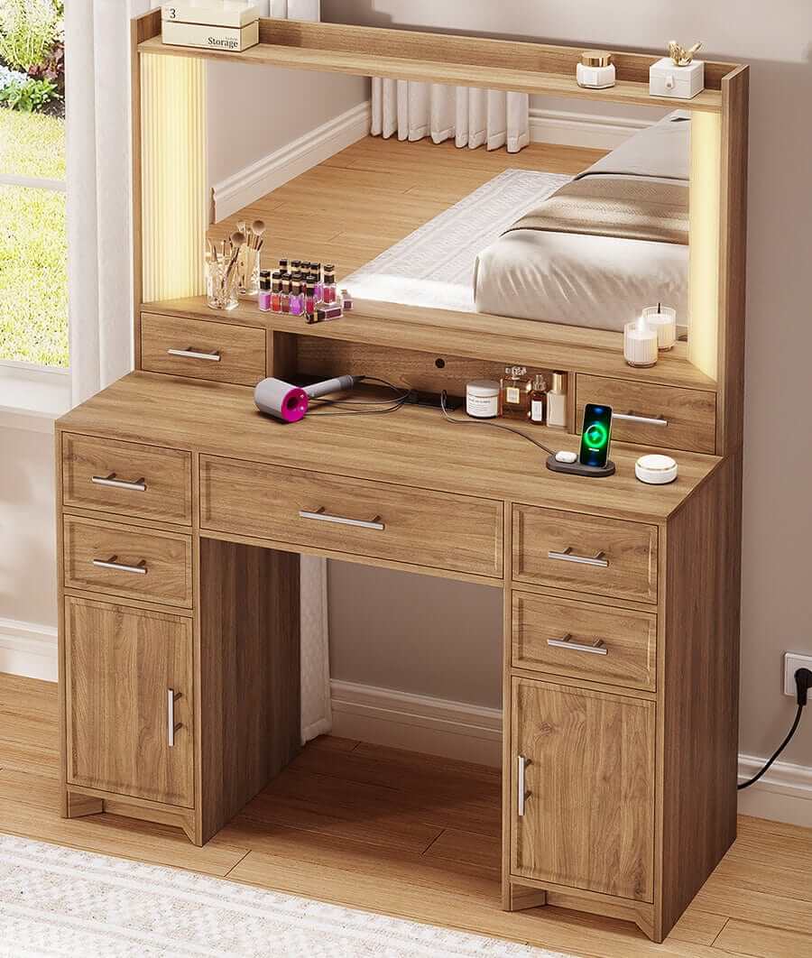 Make up Vanity Desk with Large Mirror and Lights and 9 Drawers and Charging Station