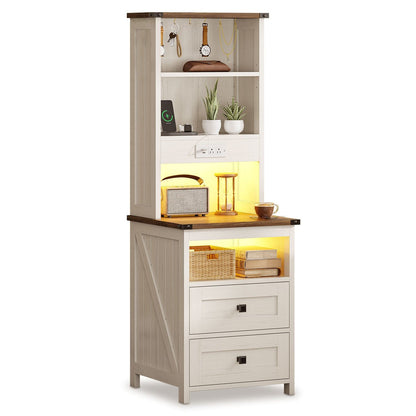 AOGLLATI Nightstands Antique White / Engineered Wood / Farmhouse Tall Nightstand with Charging Station Antique White