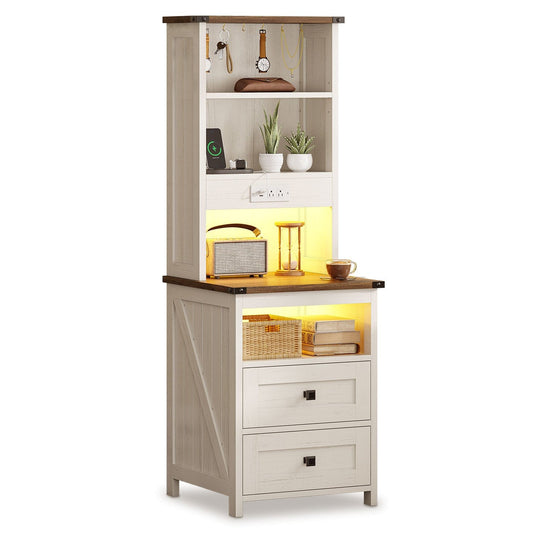 AOGLLATI Nightstands Antique White / Engineered Wood / Farmhouse Tall Nightstand with Charging Station Antique White
